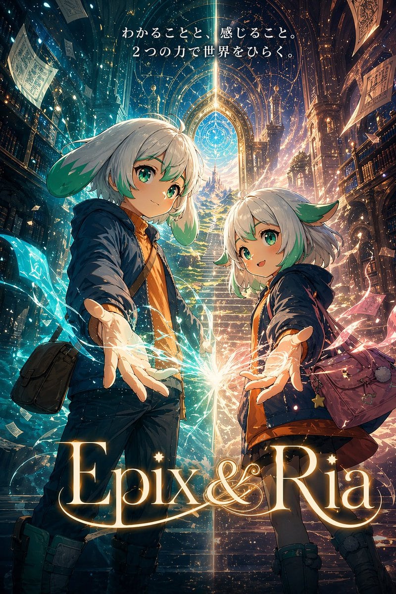 A cinematic fantasy anime poster in a tall vertical composition, showing two childlike adventurer characters standing in a vast magical library-cathedral with impossibly high gothic arche...