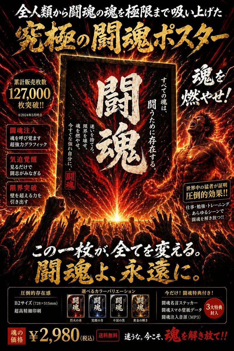 Generates an intense, information-dense Japanese sales poster with glowing text, product variants, and energetic character art.