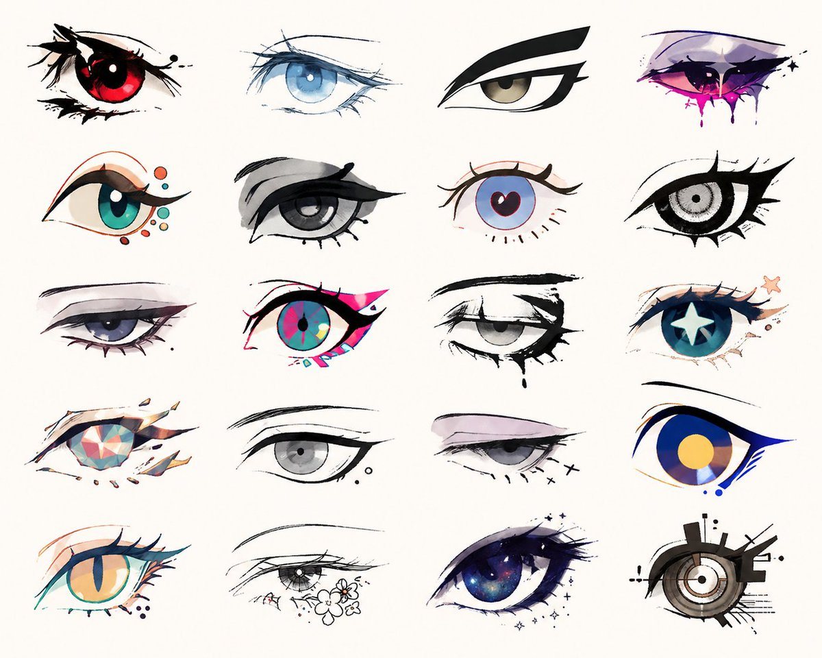 A prompt for generating various stylized eye designs inspired by top illustrators with an emphasis on artistic deformation.