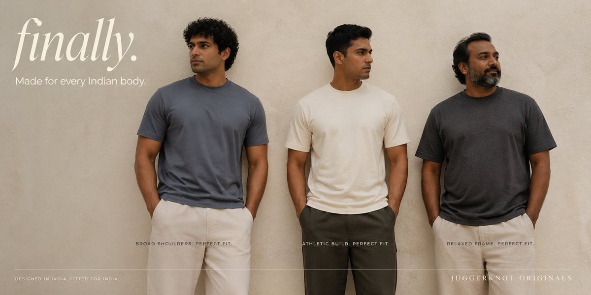 A clean premium fashion campaign banner shot against a warm beige textured plaster wall, featuring 3 Indian men standing side by side full torso to upper thigh, evenly spaced across the f...