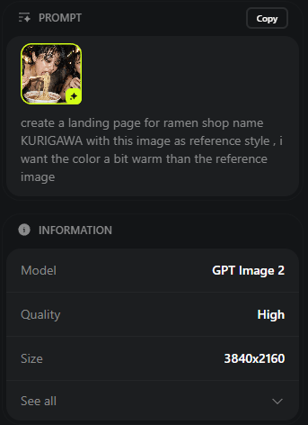 Create a landing page for a ramen shop named KURIGAWA using this image as a reference style. Make the colors slightly warmer than the reference image.