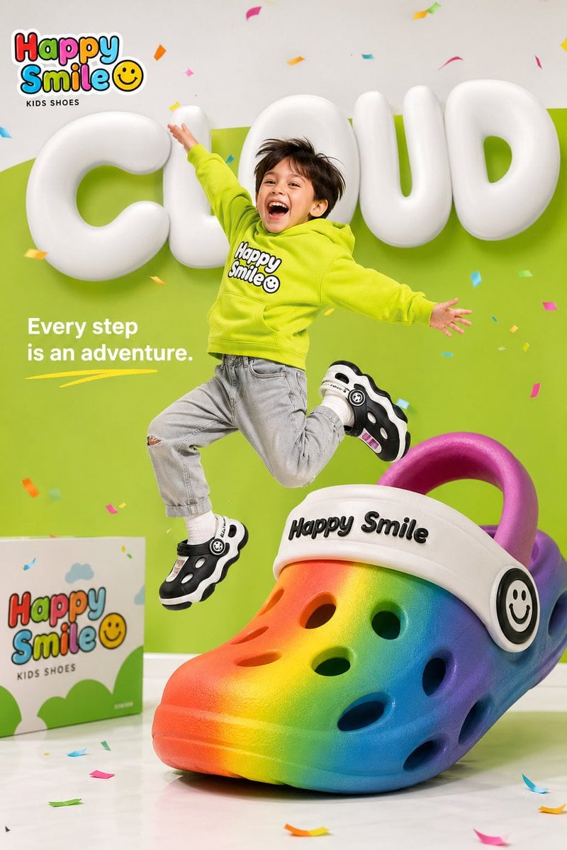 A vibrant and playful advertisement prompt for a children's shoe brand, featuring oversized foam shoes and rainbow props.