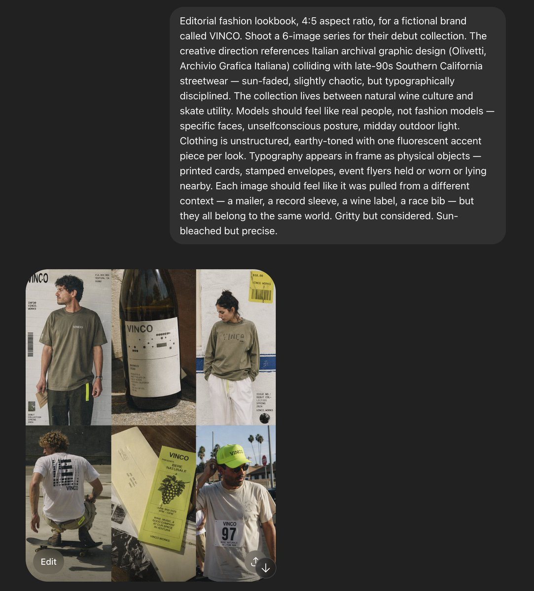 Create a 4:5 editorial fashion lookbook moodboard for a fictional brand called VINCO. The image is a dark-interface screenshot-style composition with a large rounded charcoal text panel a...