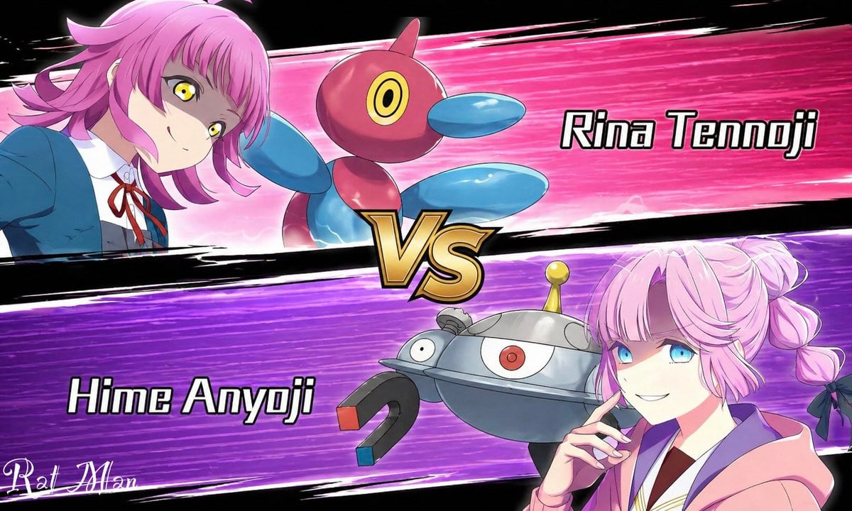 This prompt generates a bold anime battle-introduction splash image with two rival girls, their monster partners, and a dramatic VS layout for matchup art or social media posts.