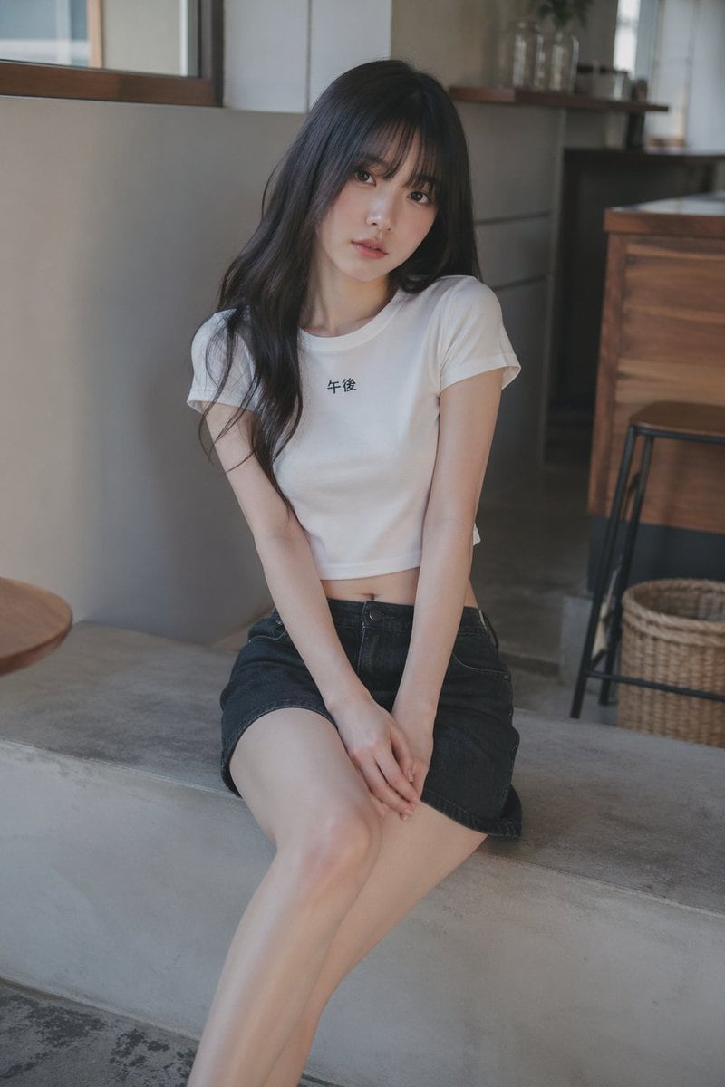 A realistic indoor portrait photo of a slim young East Asian woman with long black softly wavy hair, seated on a smooth concrete bench in a minimalist cafe interior. She is facing the cam...