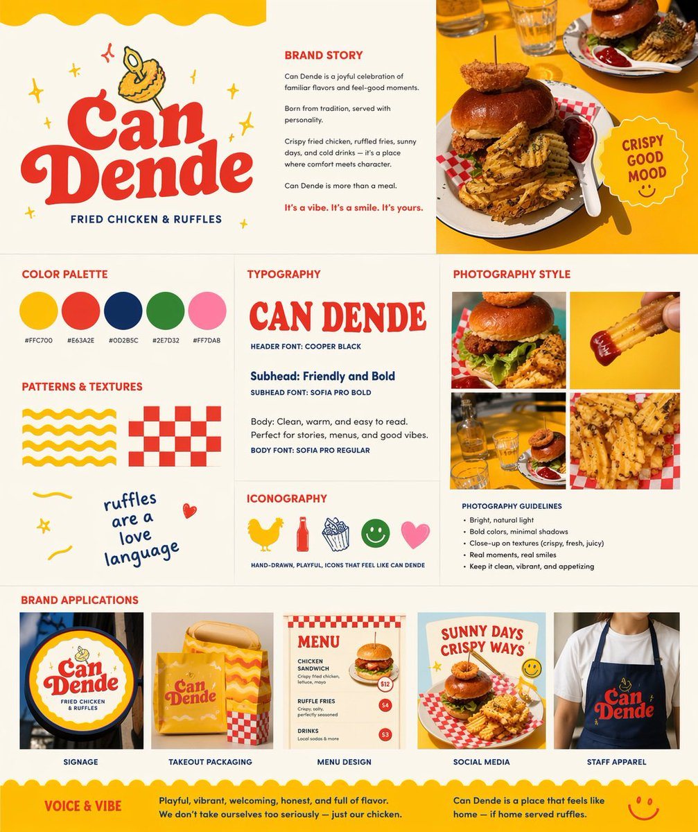 Using REFERENCE_0 as the hero food photo, transform it into a polished one-page restaurant branding board for a fried chicken and waffle-fries concept named Can Dende. Keep the yellow-tab...