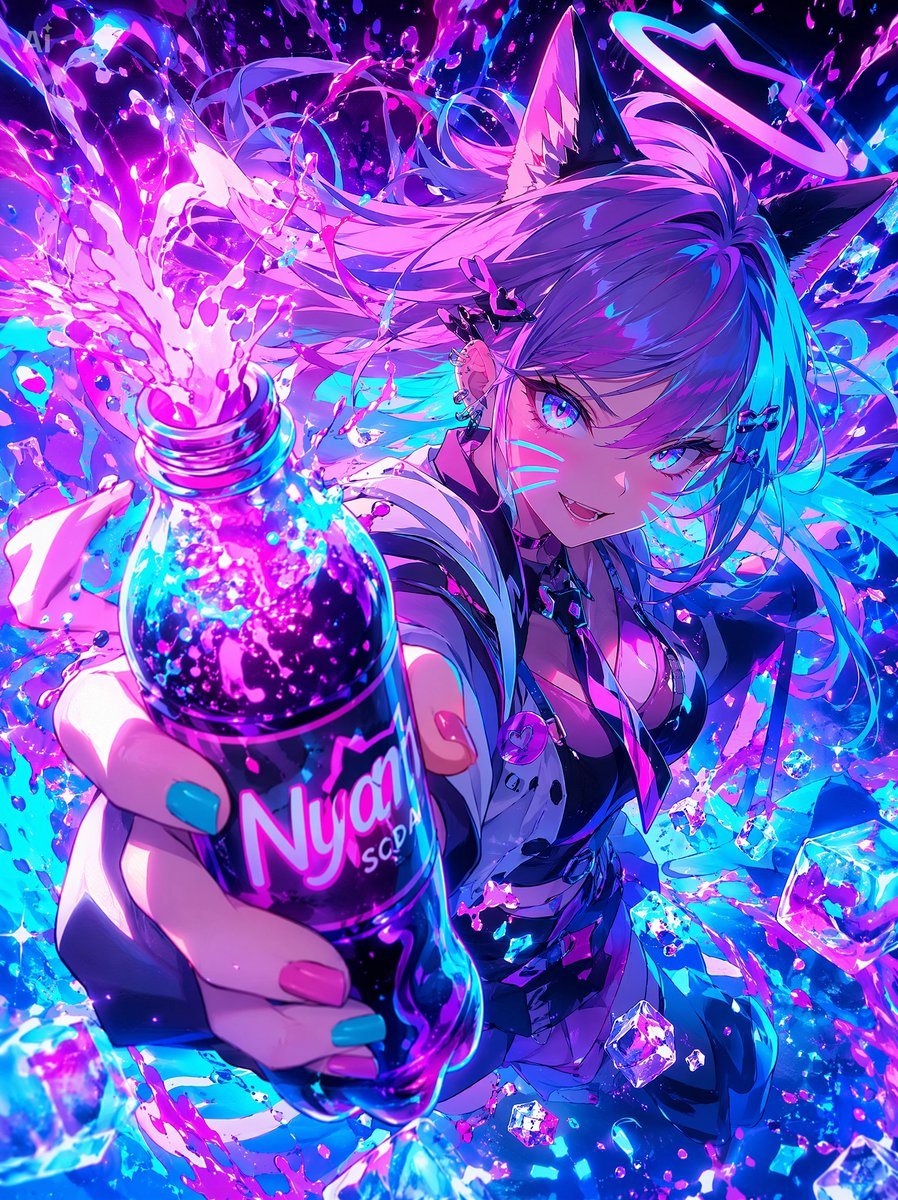 This prompt generates a high-energy anime-style vertical poster of a cat-eared idol girl presenting a glowing soda bottle amid explosive neon splashes, ideal for ad-style key art or social media illustration.