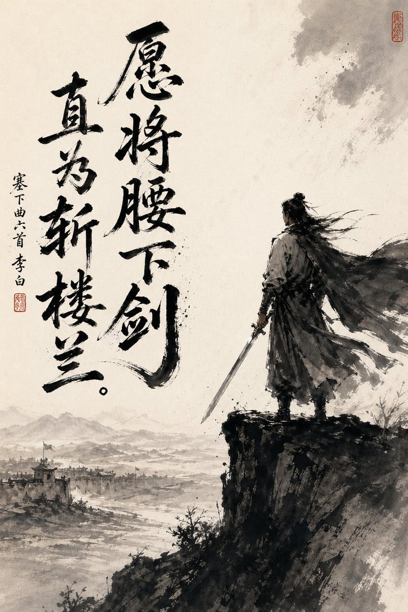 This prompt generates a dramatic wuxia-style ink painting poster with a lone swordsman, frontier landscape, and bold Chinese calligraphy, suitable for literary or historical art prints.