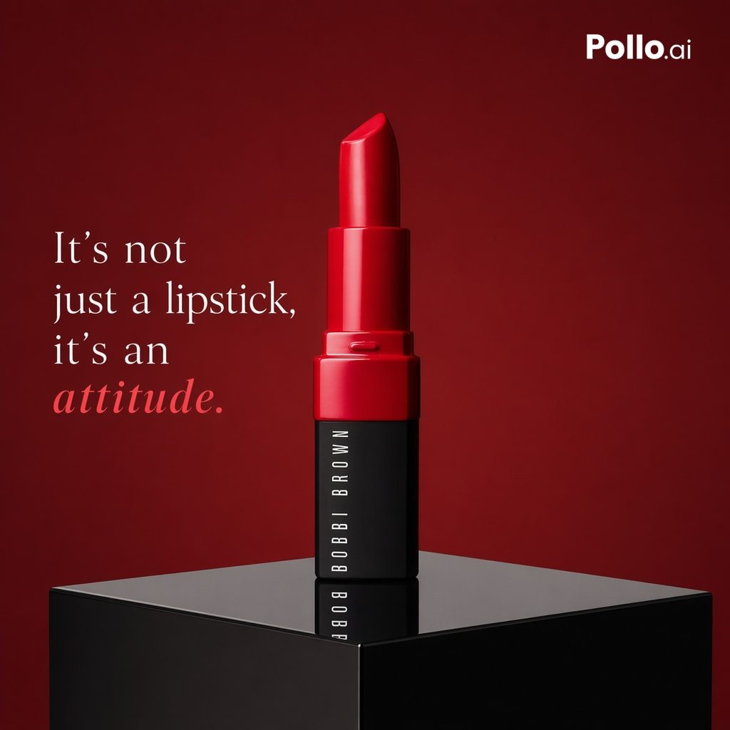 A luxury cosmetics advertisement poster featuring a single upright lipstick centered on a glossy black cube pedestal against a rich monochrome deep crimson red studio background. The prod...