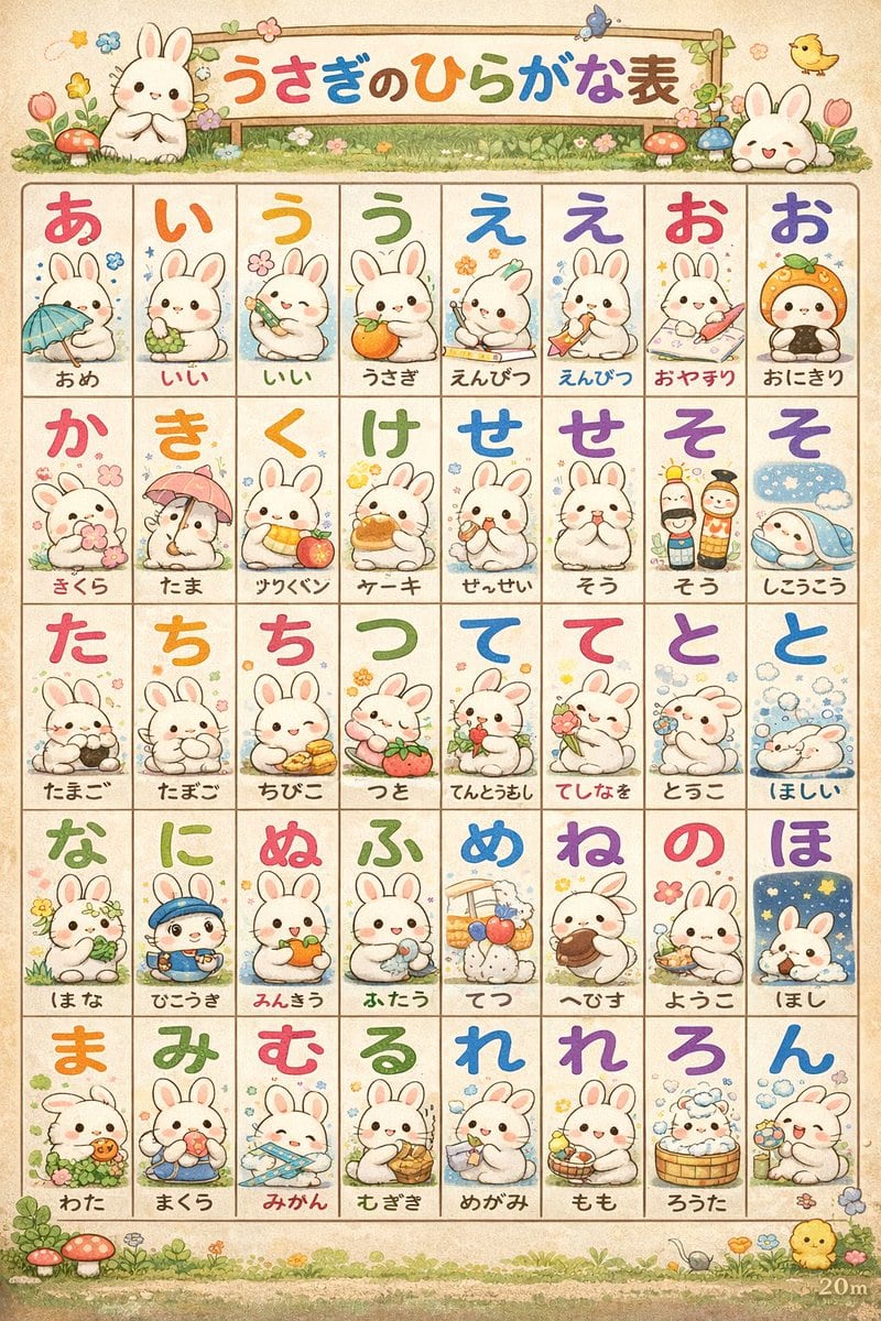 Create a cute Japanese preschool hiragana poster in a soft watercolor storybook style on warm textured parchment paper. The composition is a vertical educational chart with a whimsical sp...