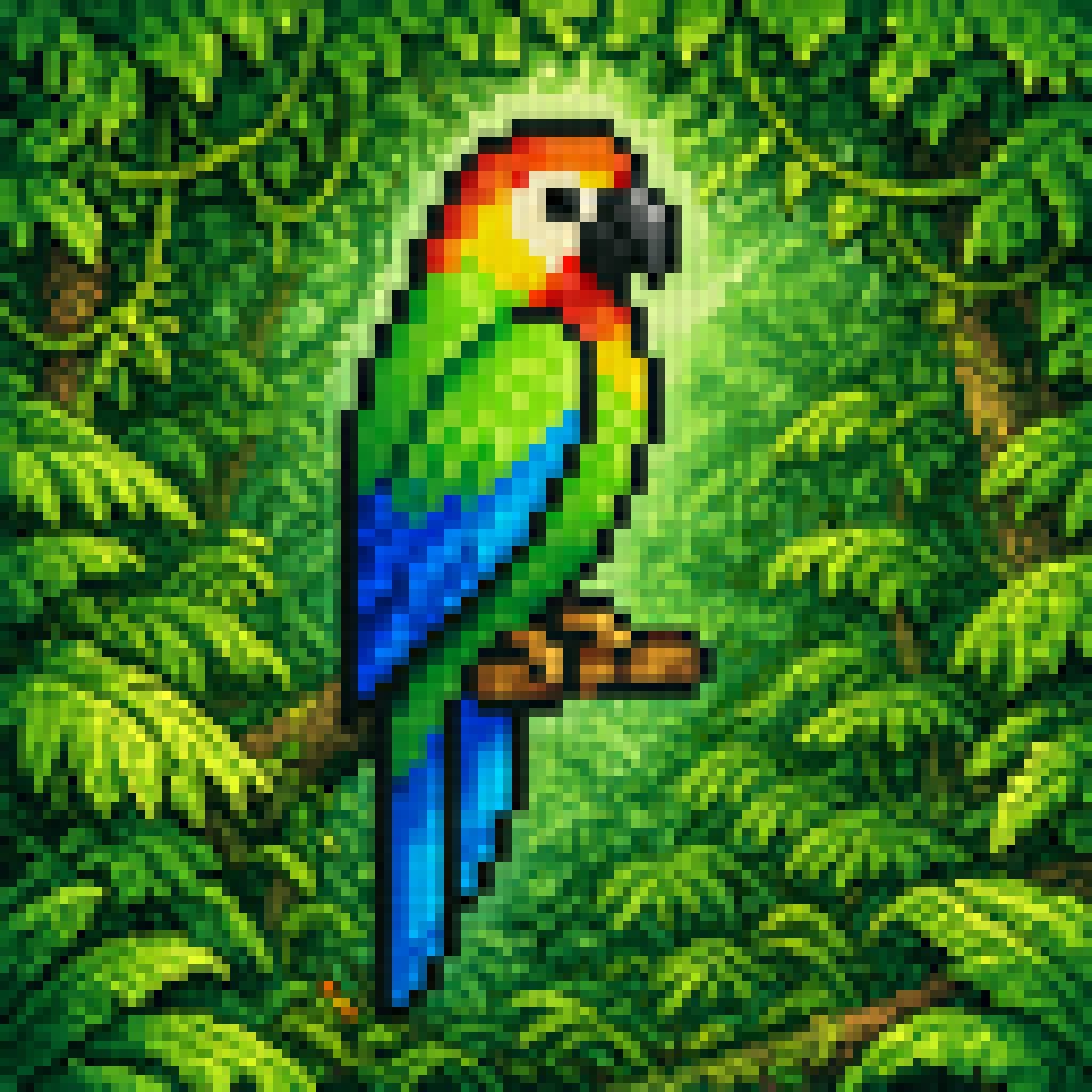 A retro pixel-art style illustration of a tropical parrot perched on a short brown branch in the center of a dense jungle. The bird is shown in side profile facing right, with a bright gr...