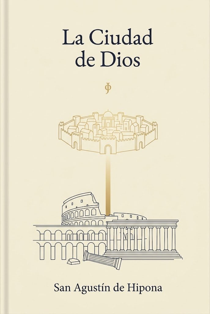 A minimalist classical book cover in vertical format on a warm ivory or parchment background. At the top center, set the title in elegant large dark navy serif type across 2 lines: La Ciu...