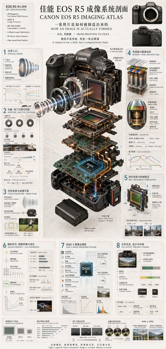 Generates a highly detailed, multi-panel technical infographic featuring a 3D exploded view of a camera and 8 numbered sections explaining the imaging process.