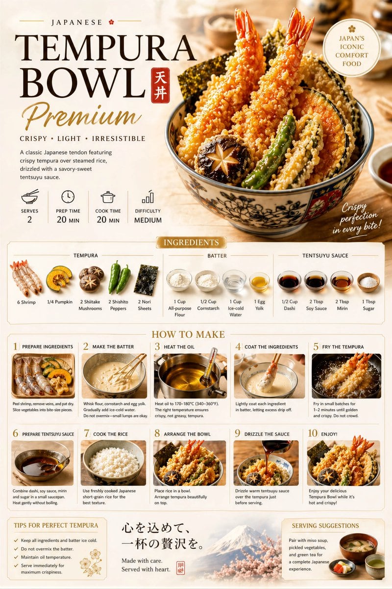 Create a premium food preparation poster for [ DISH NAME ], with a beautiful hero dish, warm natural lighting, cream background, elegant step-by-step recipe layout, ingredients, cooking p...
