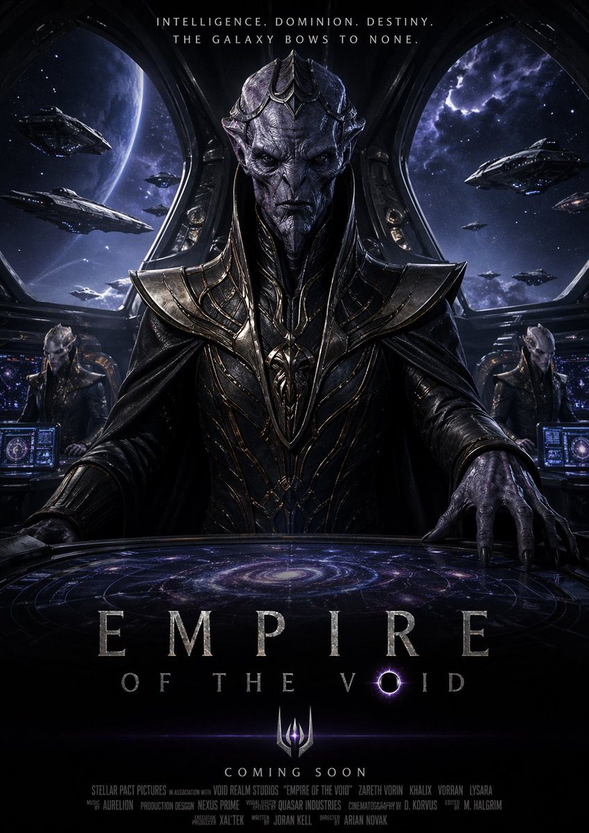 A dark epic sci-fi movie poster for EMPIRE OF THE VOID, in a highly cinematic photorealistic space-opera style. Centered composition with a tall alien emperor standing behind a massive ci...