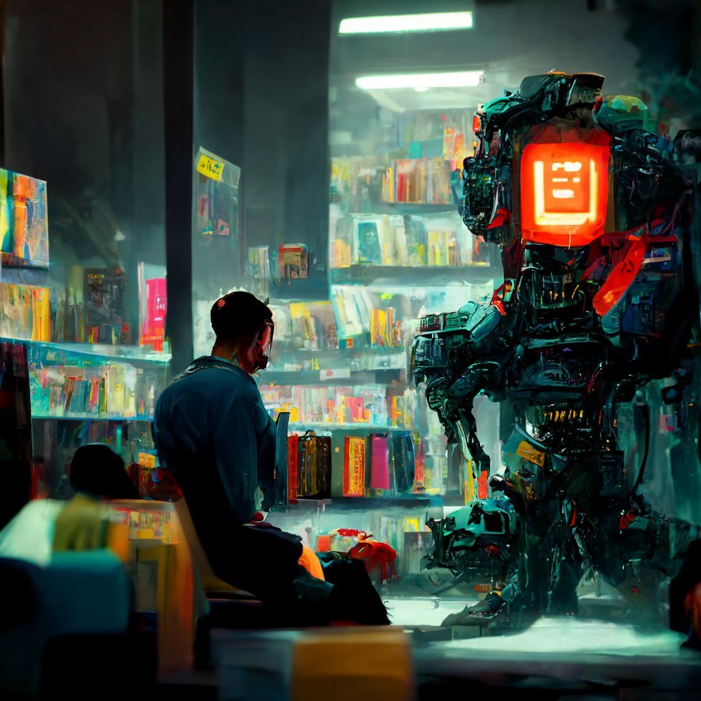 A cinematic digital painting of a cyberpunk store. On the left, a person in dark clothing sits facing a massive, intricate robot standing on the right. The robot features dark mechanical...