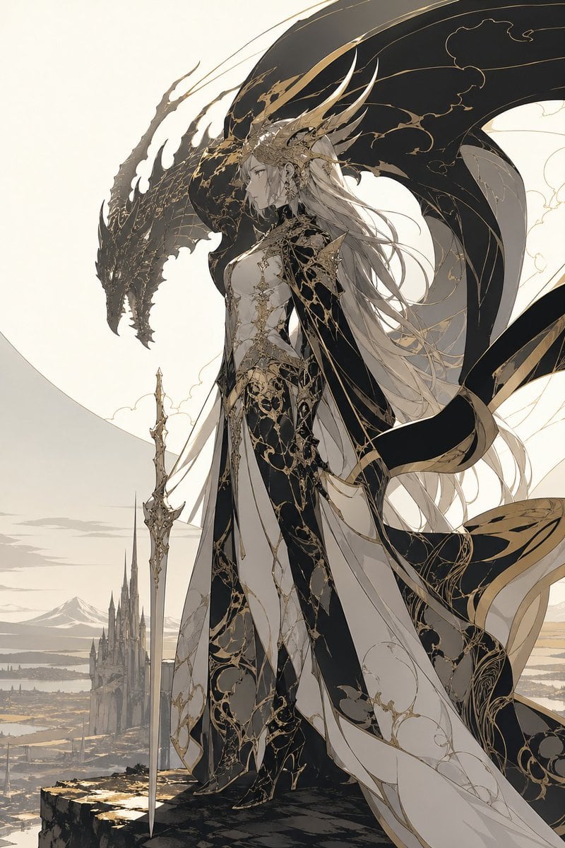 This prompt generates a vertical fantasy character illustration of a regal dragon-themed queen with ornate black-and-gold attire, a ceremonial sword, and a giant dragon silhouette, ideal for epic AI art and character key visuals.