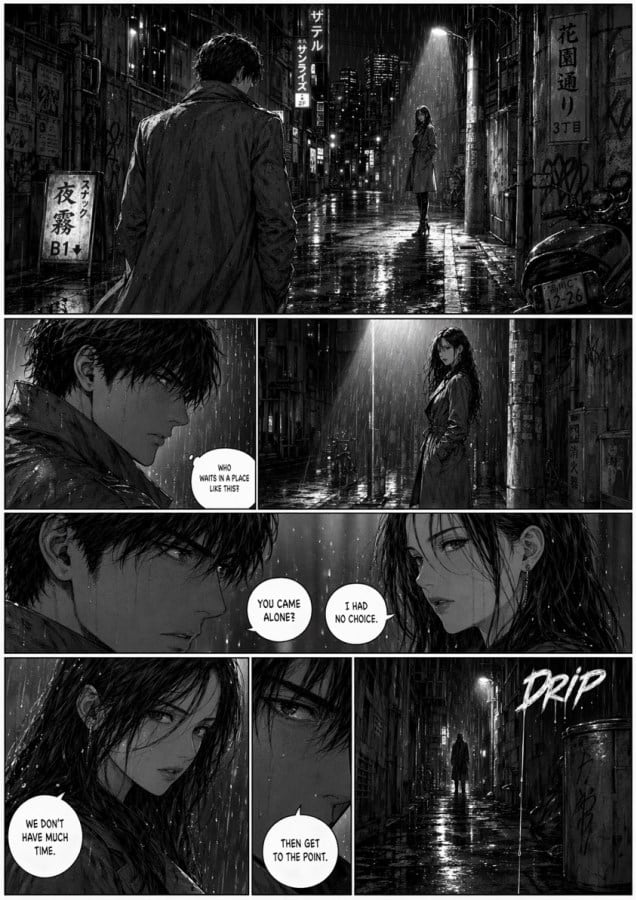 一幅极具电影感的黑白漫画页面，描绘了雨夜中日本小巷里一场紧张的会面，非常适合犯罪惊悚或新黑色电影风格的漫画场景。