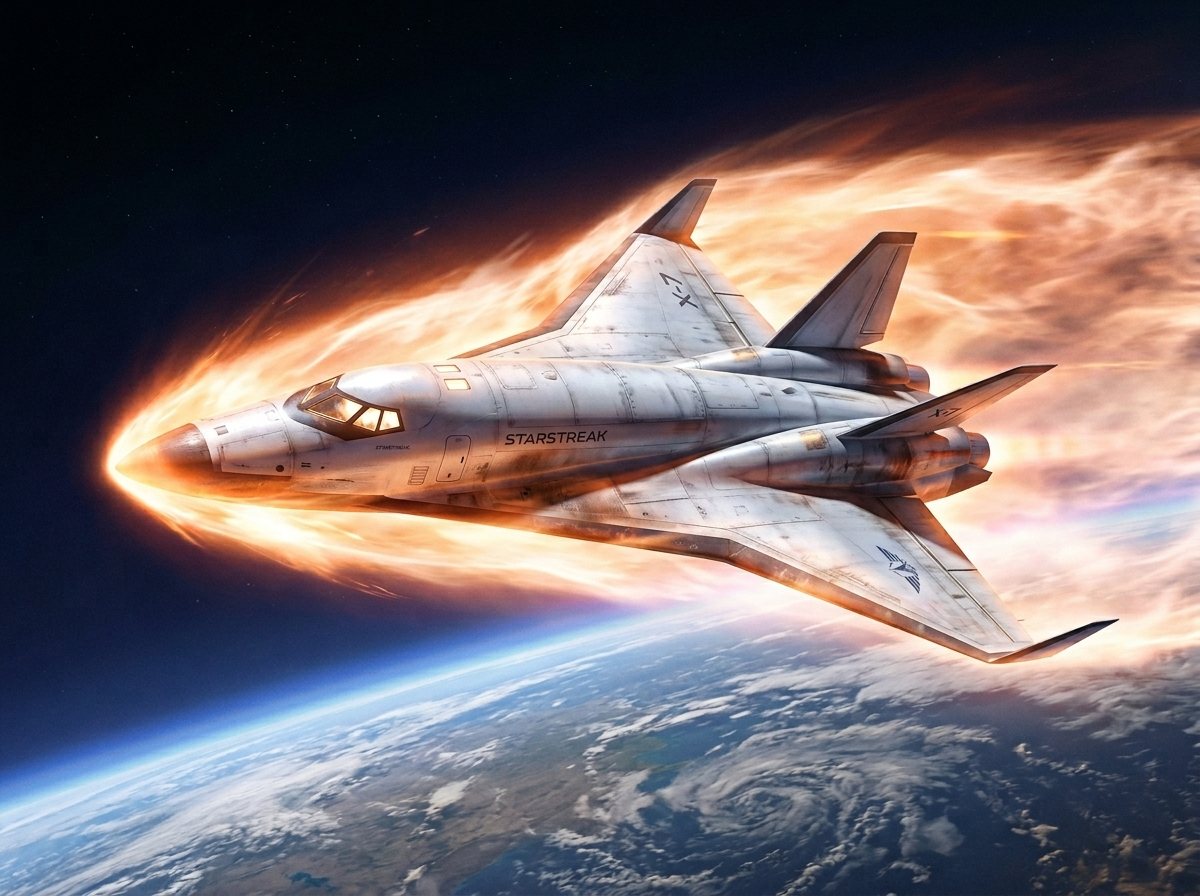 A dramatic sci-fi aerospace illustration of a custom shuttle blazing through atmospheric reentry over Earth, suitable for concept art, key visuals, or poster-style space imagery.