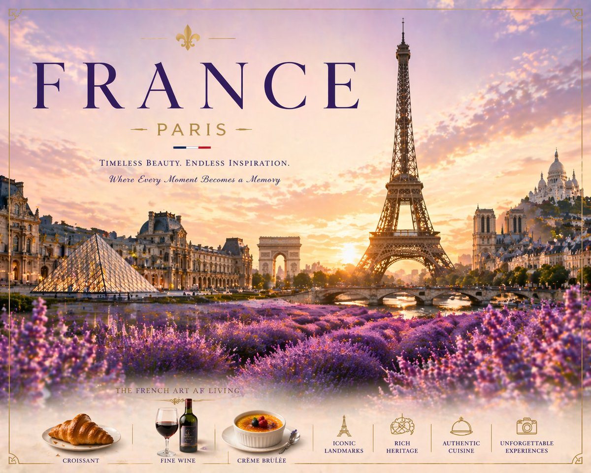 A luxurious vintage-travel-poster style illustration of FRANCE with PARIS as the destination, designed like an elegant tourism advertisement. Use a grand, romantic Paris cityscape at gold...