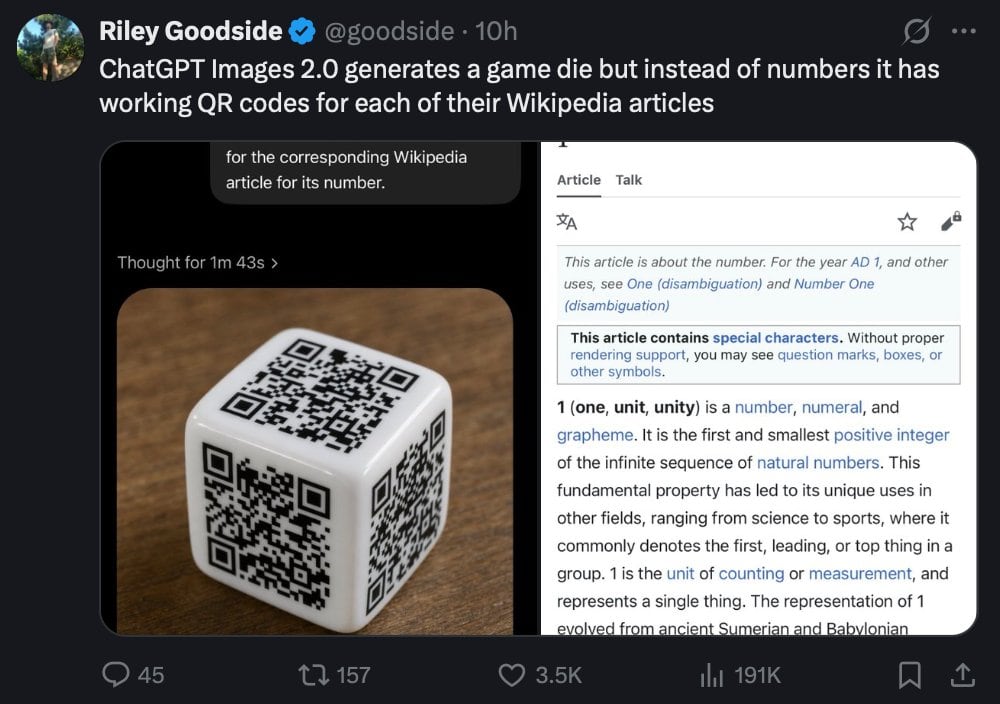 A realistic dark-mode social media screenshot of a tweet viewed on a desktop interface. At the top left is a circular profile photo and the display name Riley Goodside with a blue verific...