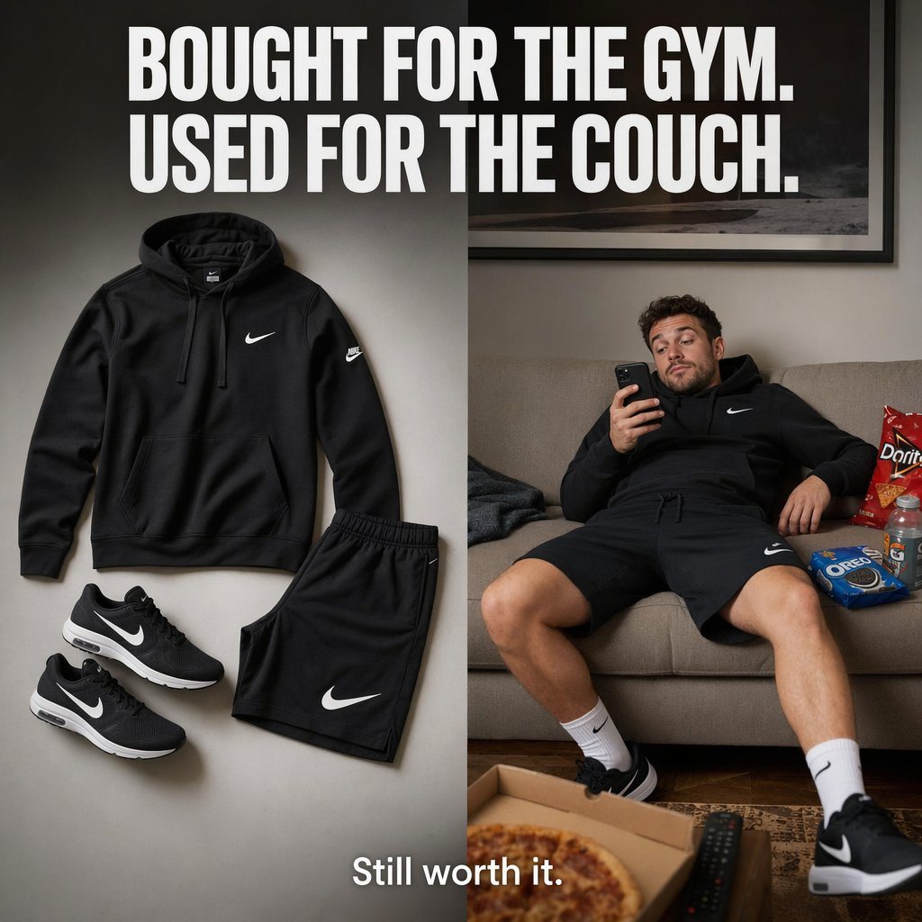 Create a square split-screen e-commerce social ad with a clean, premium sportswear brand aesthetic. At the very top, spanning the full width in huge bold condensed white all-caps sans-ser...