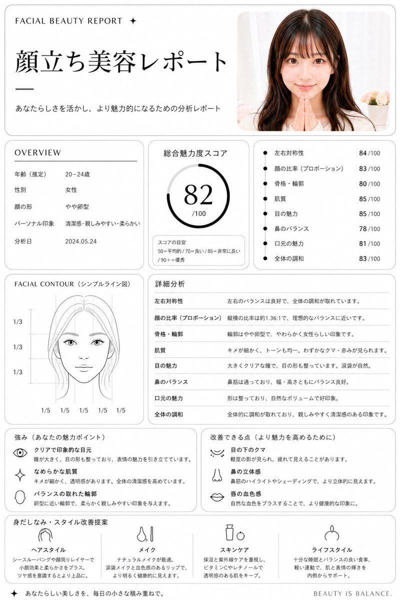 A professional prompt for generating a clean, high-end facial beauty analysis report with data-driven insights and a minimalist layout.