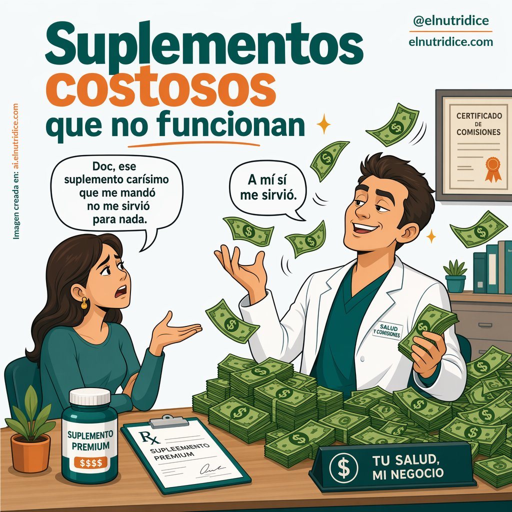 此提示词用于生成一张正方形的西班牙语社论漫画，旨在讽刺以佣金为导向的医生和价格虚高且无效的补剂，适用于社交媒体帖子或健康意识宣传内容。