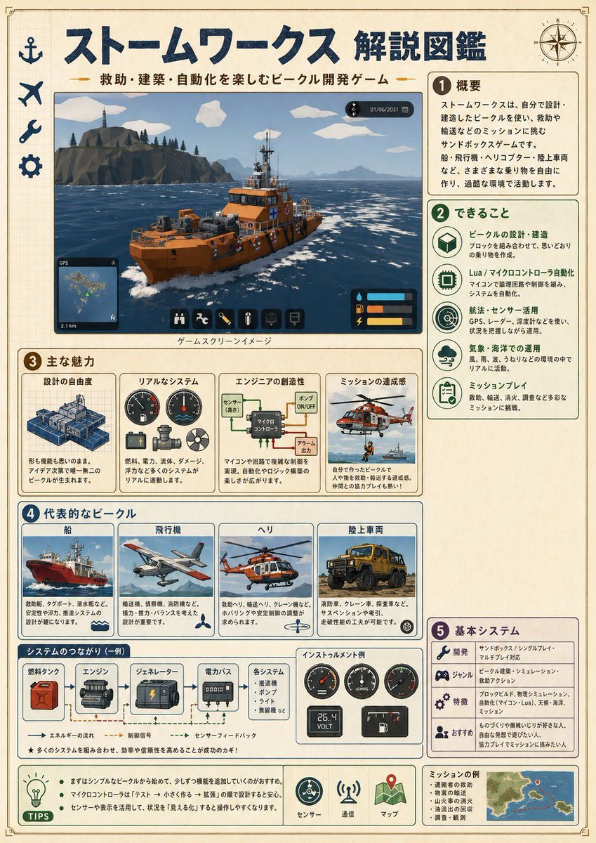 一张详细的日文信息图海报，用于介绍一款载具建造类救援游戏，适合制作手册风格的游戏概览视觉图或社交媒体说明图。