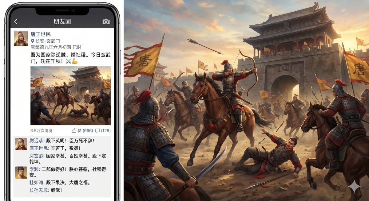 A humorous, highly detailed composite image showing a modern smartphone displaying a Chinese social-media Moments post about the Xuanwu Gate Incident, placed on the left side of the frame...