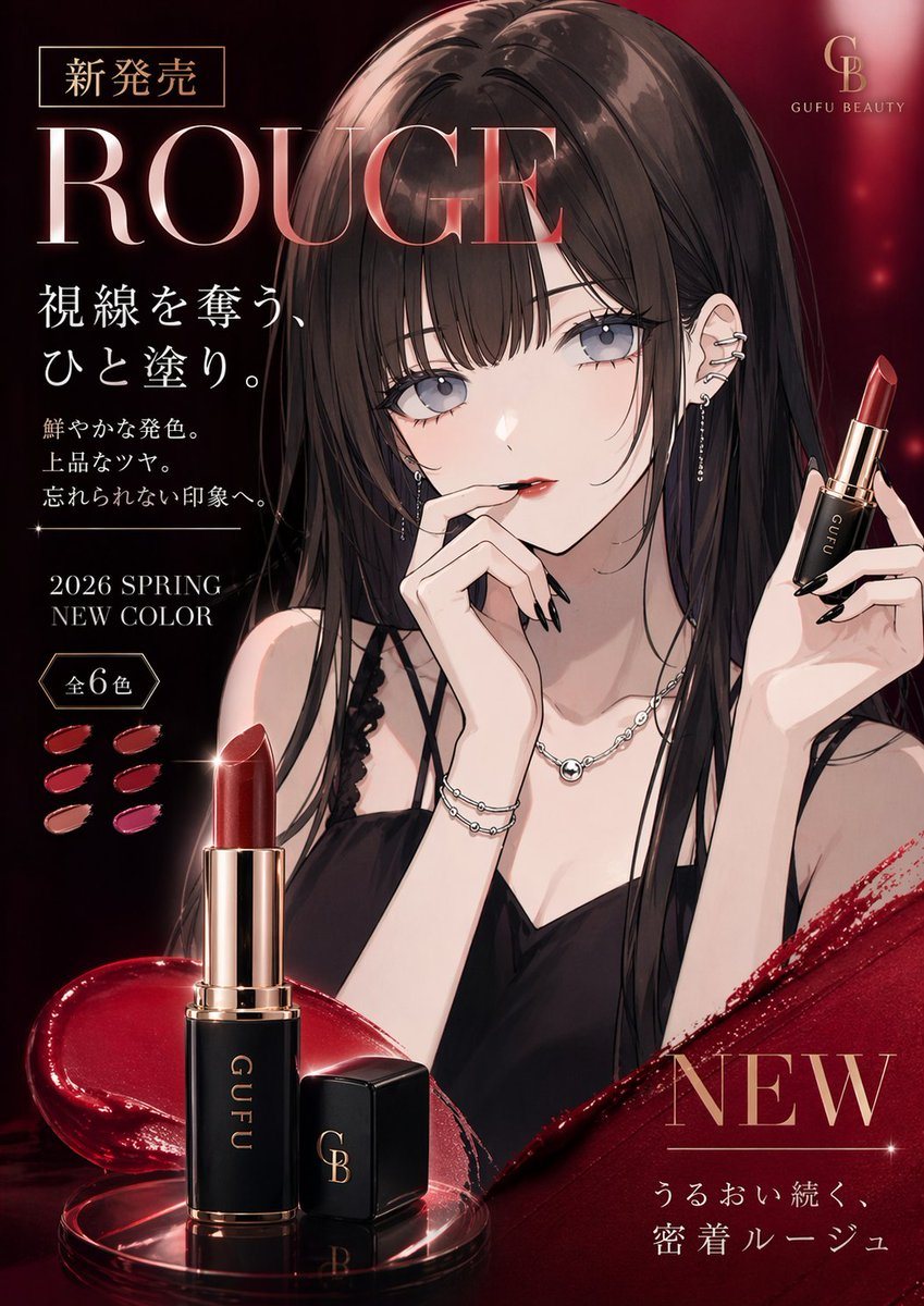 Using the provided reference image, transform the portrait into a luxury lipstick advertisement while keeping the same girl, hairstyle, outfit, accessories, and elegant anime illustration...