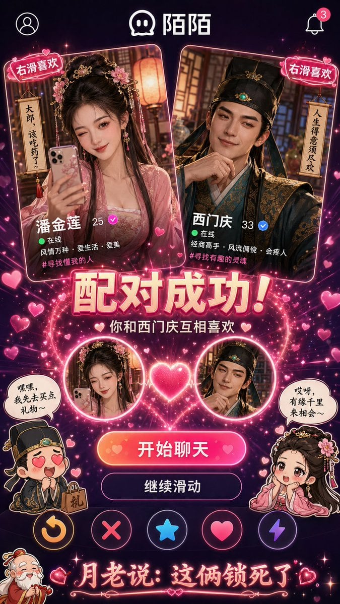 一个幽默的提示词，描绘了历史人物在现代交友软件上的匹配过程，并带有 UI 特效。