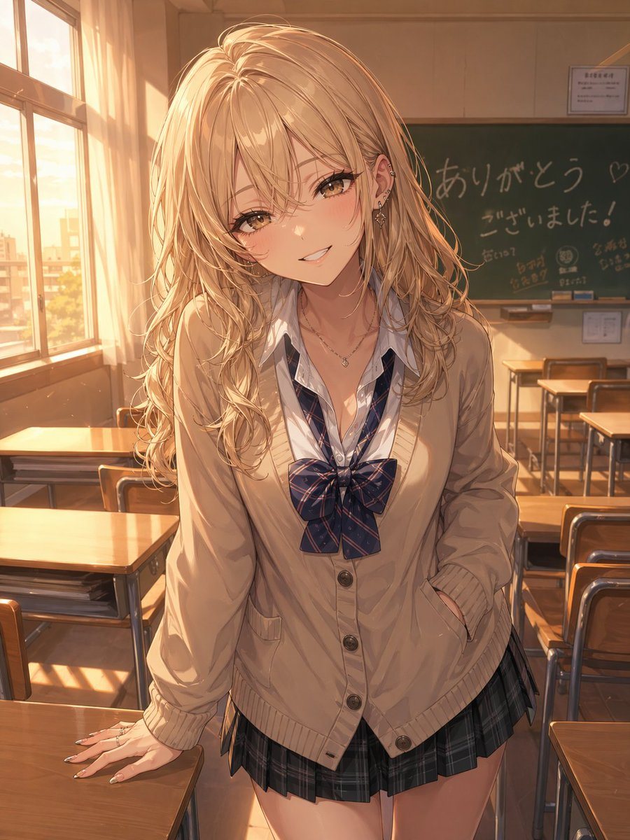 A warm, golden-hour anime illustration of a fashionable high school gyaru girl standing in an empty classroom, leaning slightly forward between wooden desks with one hand resting on a des...