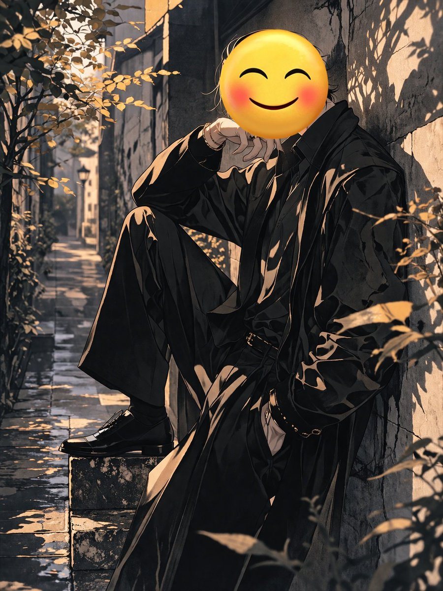 An anime-style illustration of a figure leaning against a textured stone wall in a narrow, sunlit alleyway. The figure has a large yellow smiling emoji with rosy cheeks for a head. They w...
