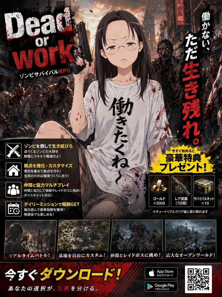 Create a dramatic Japanese mobile game advertisement poster for a zombie survival RPG in anime-meets-cinematic style. Vertical smartphone poster layout, dense promotional design, gritty u...