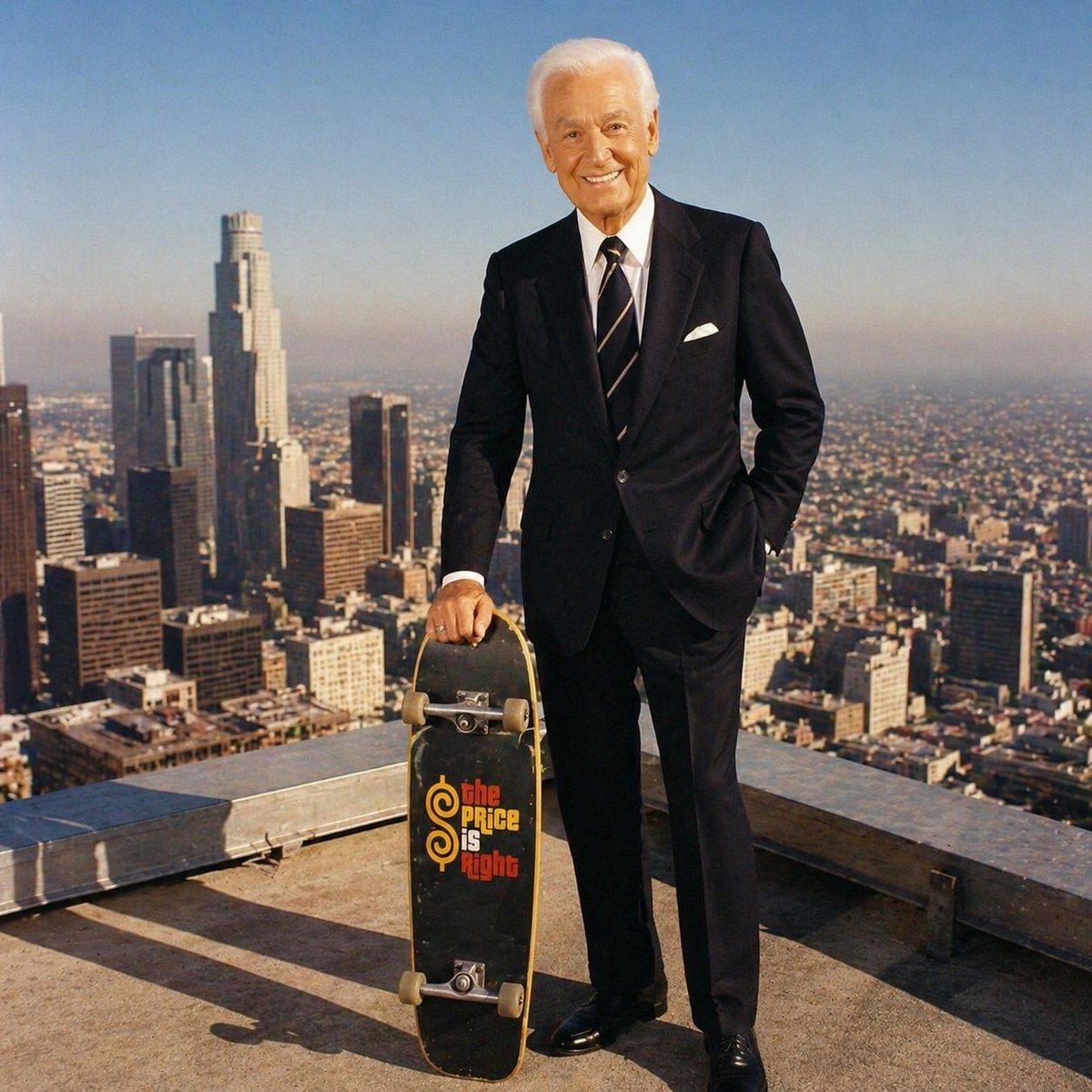 Bob Barker standing on the top of a skyrise building holding a skateboard. He is wearing his classic suit from The Price is Right.