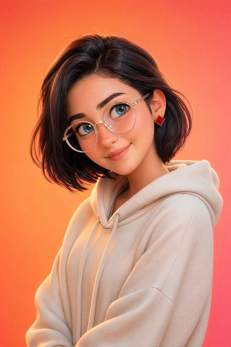 A stylized Pixar-style 3D portrait of a young person with smooth skin, large expressive blue eyes, soft facial features, wearing round transparent glasses, modern hairstyle (short styled...