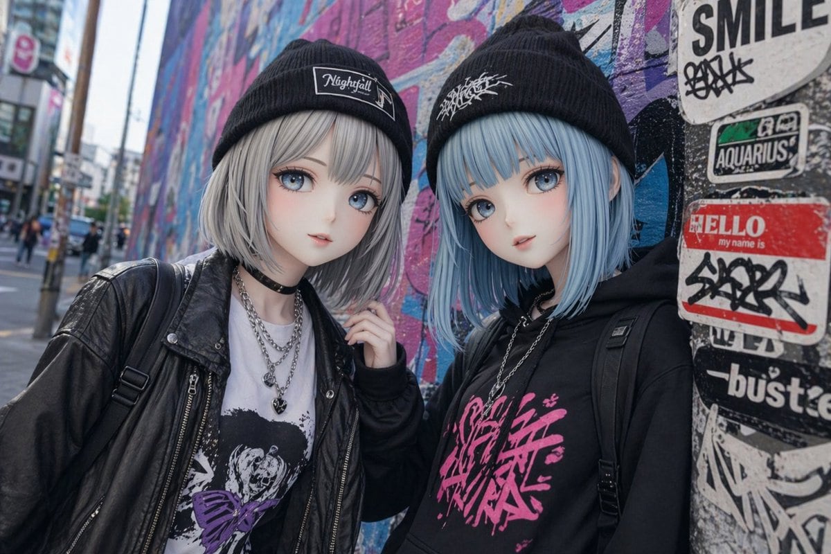 A candid street-fashion portrait of two cute anime-inspired girls standing close together in front of a colorful urban graffiti wall on a city sidewalk in Japan, photographed at eye level...