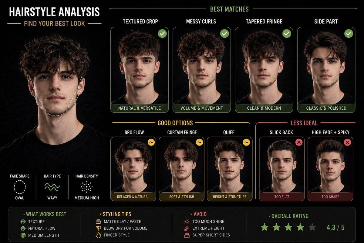 Create a hairstyle analysis graphic using this portrait. Show side-by-side hairstyles comparisons to highlight which hairstyles suit the subject best. Make it visual-first, with short lab...