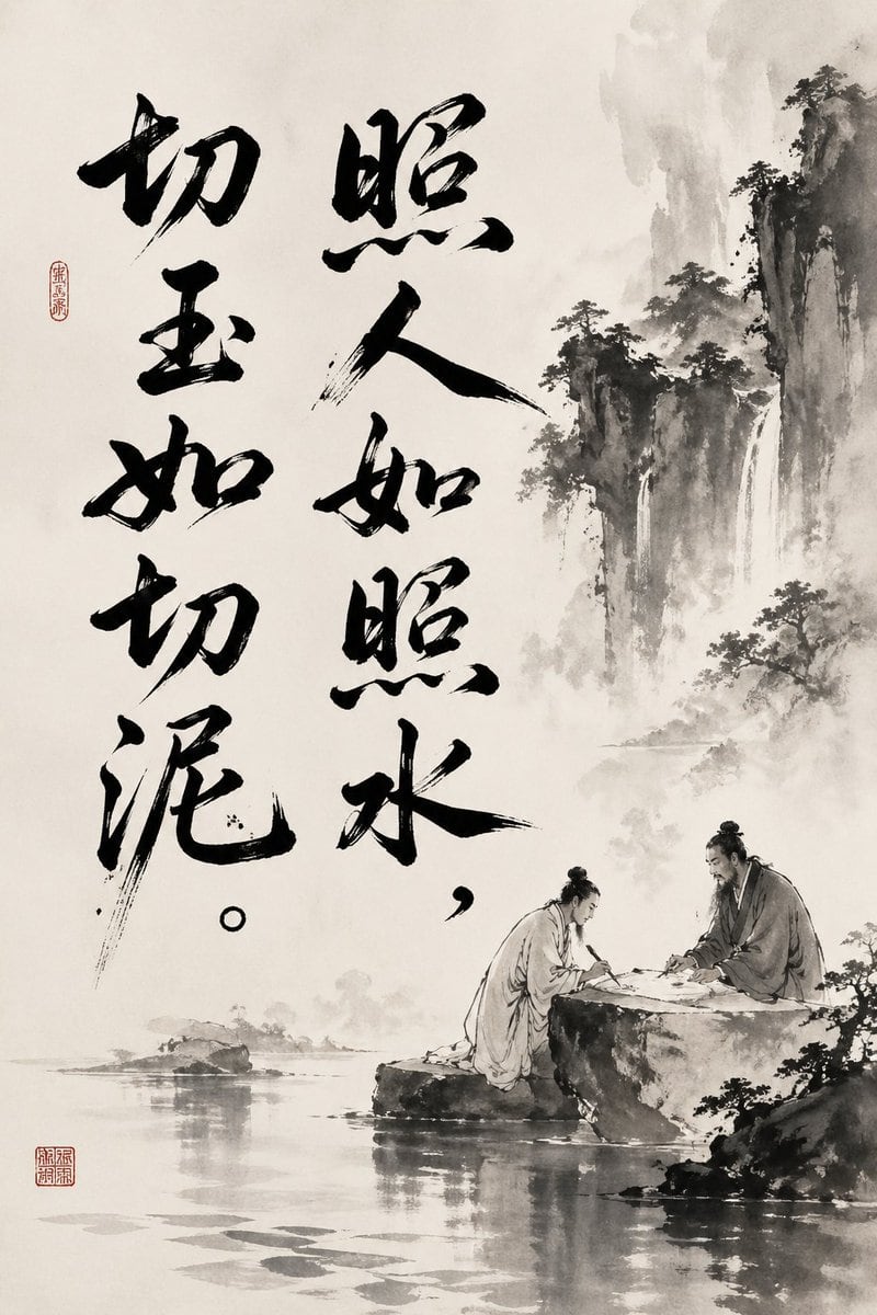 This prompt generates a classical Chinese literati-style ink painting with a large poetic inscription and a misty mountain landscape, suitable for cultural art prints or poetic editorial imagery.