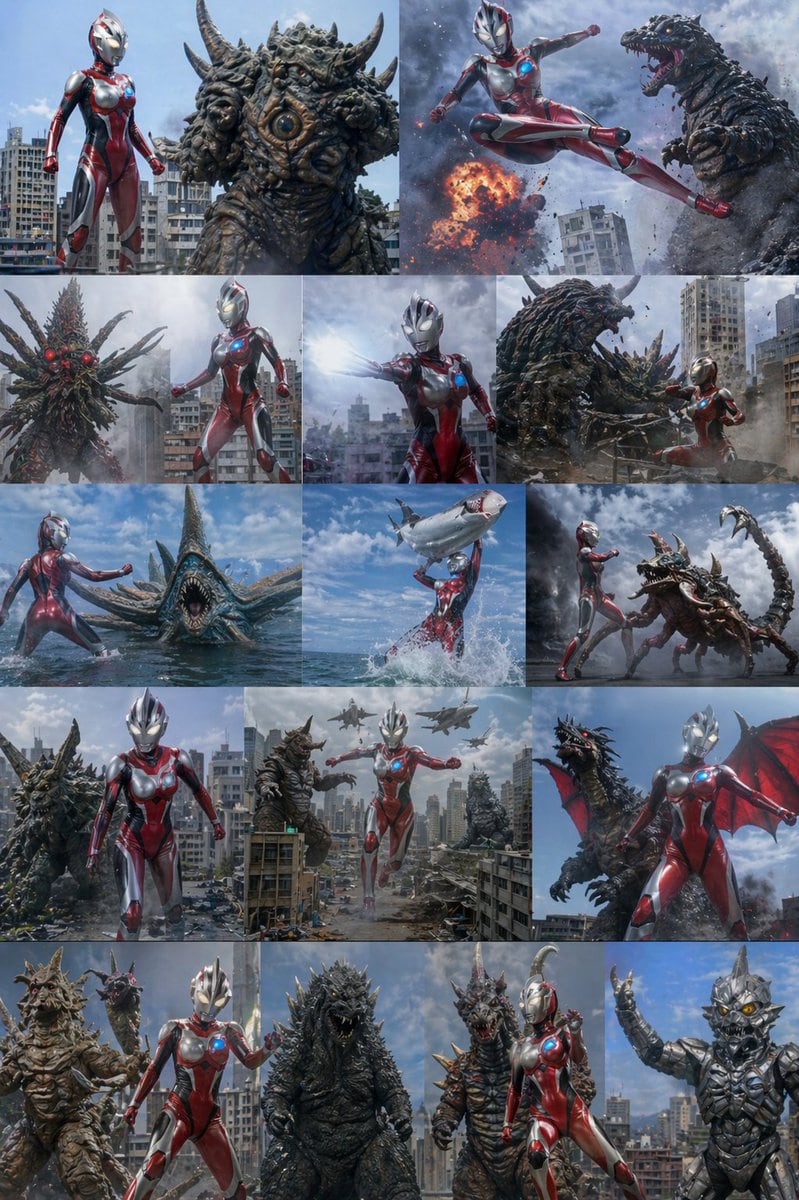Ready-to-edit kaiju battle concept collage image prompt.
