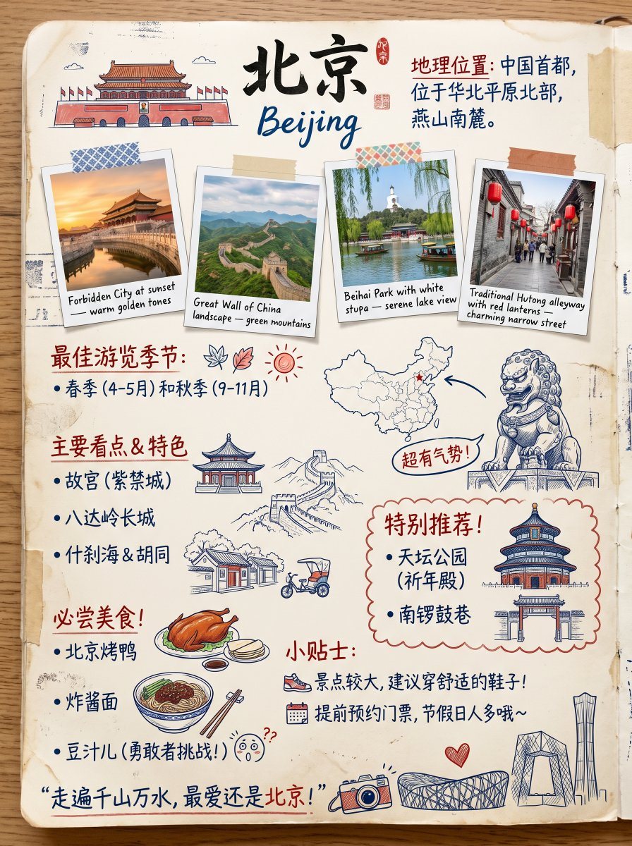 Create a charming hand-drawn vintage travel scrapbook poster about 北京, designed as a Chinese-language illustrated tourist guide page on warm aged paper lying on a wooden tabletop. The com...