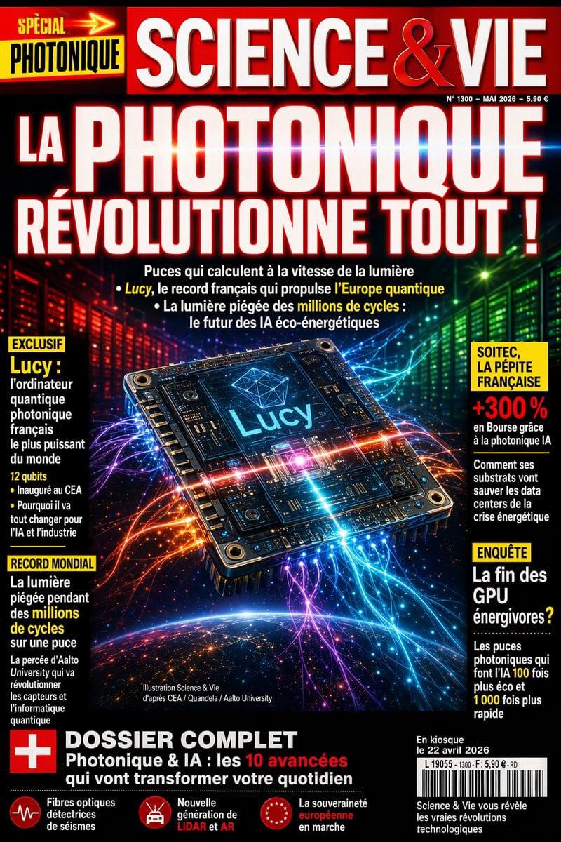 A hyper-detailed French popular science magazine cover in the style of a bold mainstream newsstand publication, full-page vertical layout, dramatic glossy print design, black background w...