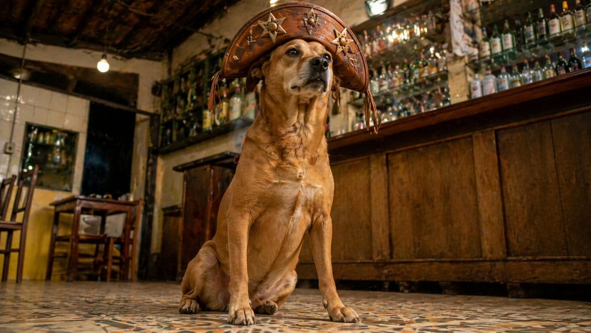 A cinematic low-angle photo of a medium-sized tan dog sitting proudly on a patterned tile floor inside a rustic old bar, wearing an oversized brown leather cangaceiro-style hat decorated...