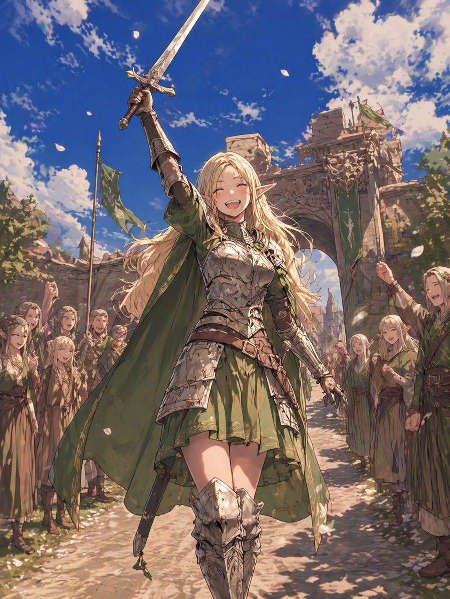 This prompt generates a dramatic anime-style fantasy scene of a triumphant elf knight saluting a cheering crowd in a medieval city, ideal for heroic character art or cover illustrations.