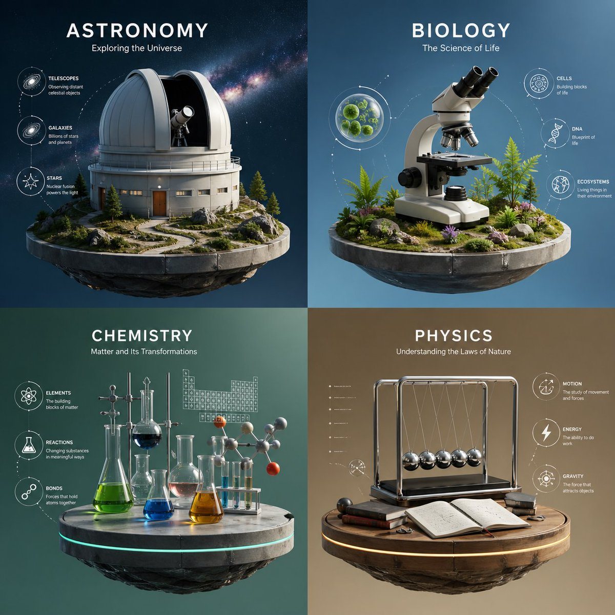 A polished 3D educational infographic poster showing astronomy, biology, chemistry, and physics as separate floating dioramas, ideal for science concept art or academic visual design.