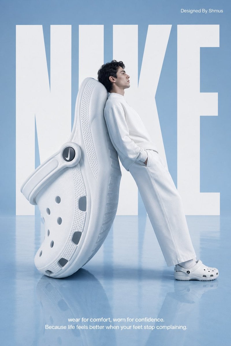A high-fashion surrealist advertising poster for Nike. The scene is set in a minimalist, monochrome light blue studio with a semi-reflective floor. The central focus is an oversized, gian...