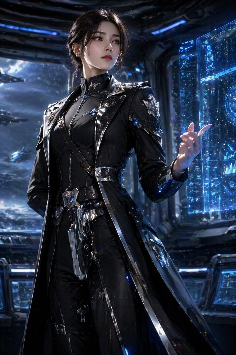 A highly detailed, cinematic portrait of a young woman with dark hair in an updo and pale skin, wearing a futuristic black trench coat with silver metallic accents, tactical belts, and a...