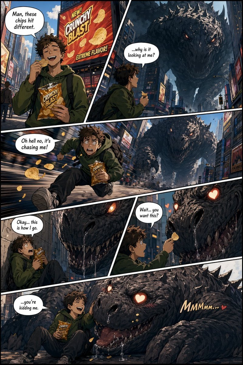 your simple story idea, american comic multi-panel illustration, diagonal layout, six panels, cinematic storytelling, clear reading flow, with speech bubbles.