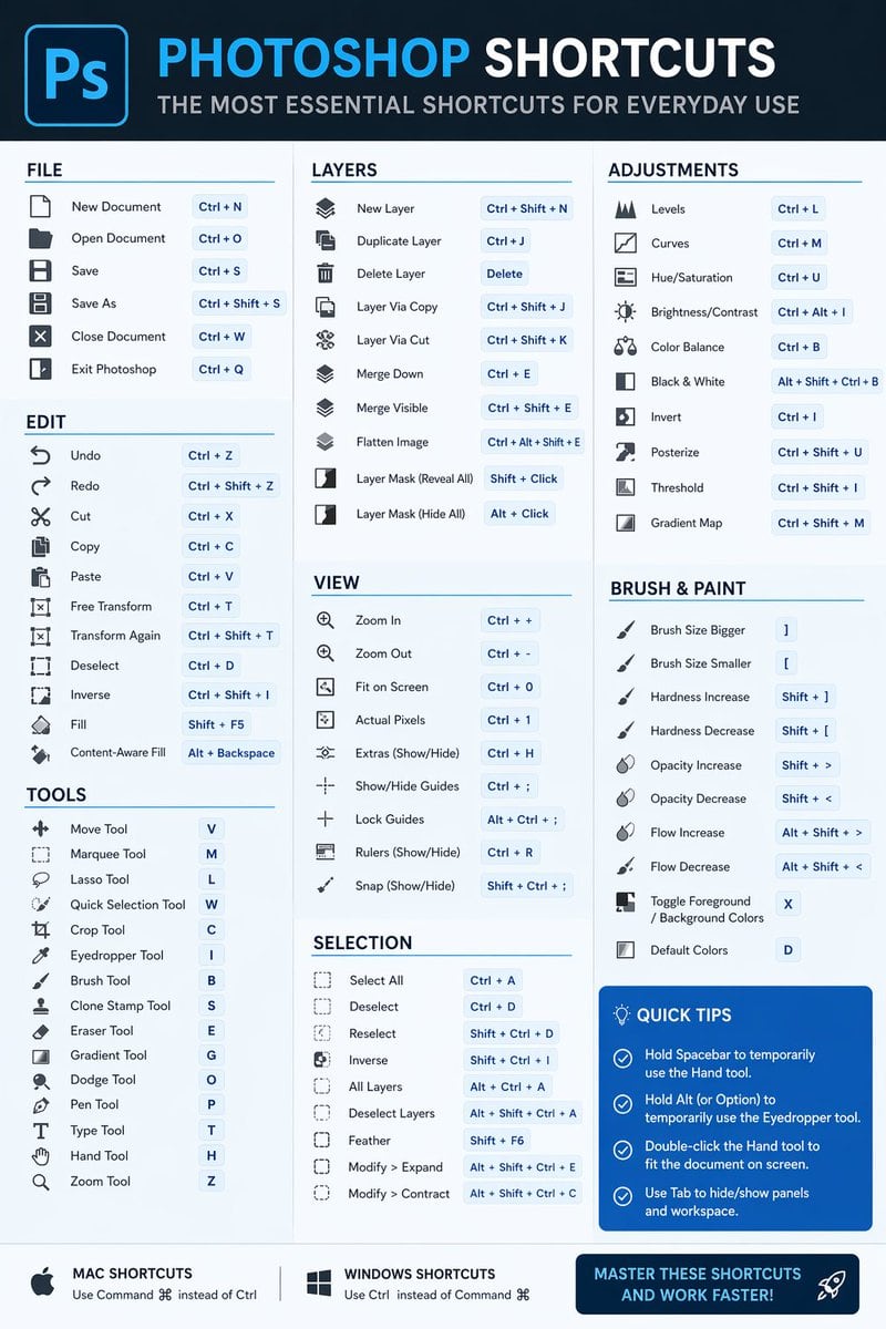 Create a clean and modern infographic showing the most essential Photoshop shortcuts, well organized and easy to read